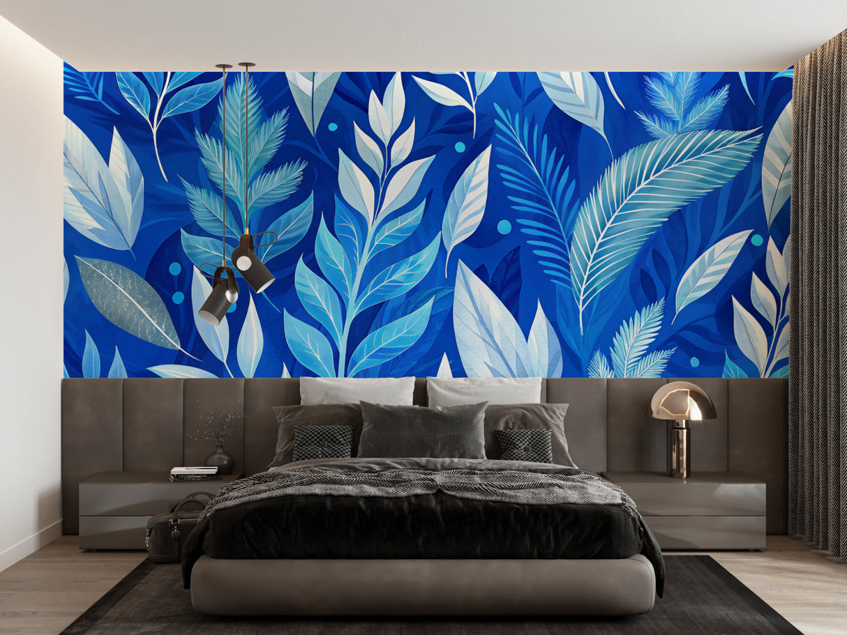 Blue palm leaves wallpaper in dining room with modern chandelier