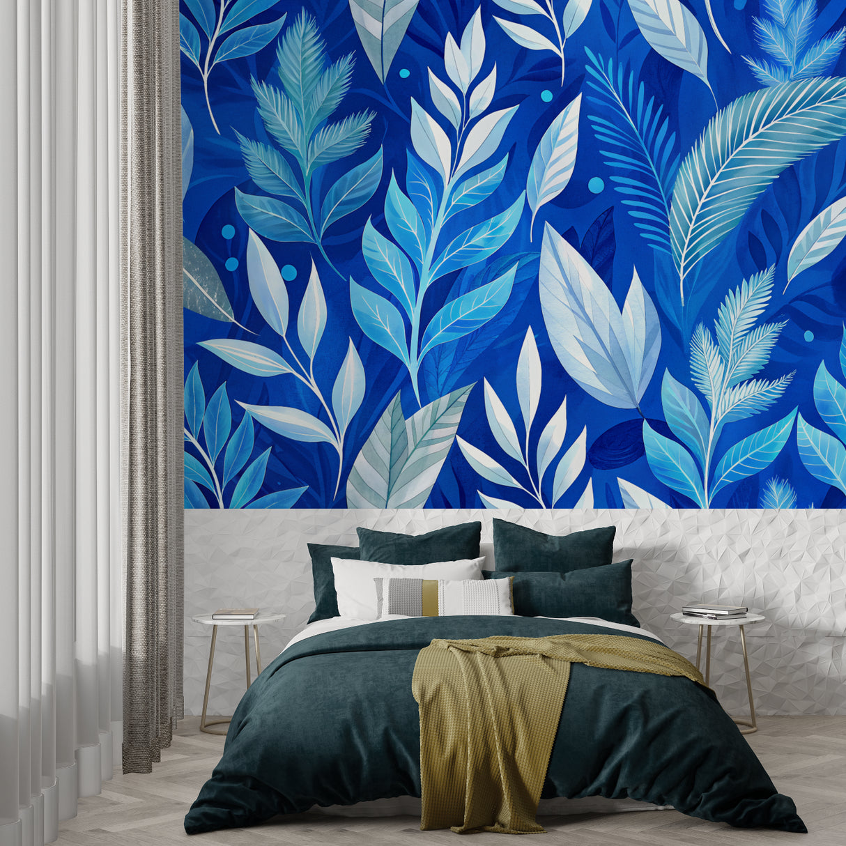 Bathroom transformed with blue tropical leaf wallpaper and gold accents
