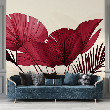 Burgundy tropical palm leaf wallpaper creating depth in a modern dining room with golden accents and natural light