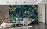 Tropical leaf wallpaper with gold accents in modern living room showing scale and dramatic effect