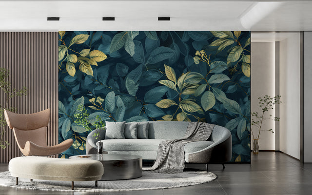 Tropical leaf wallpaper with gold accents in modern living room showing scale and dramatic effect