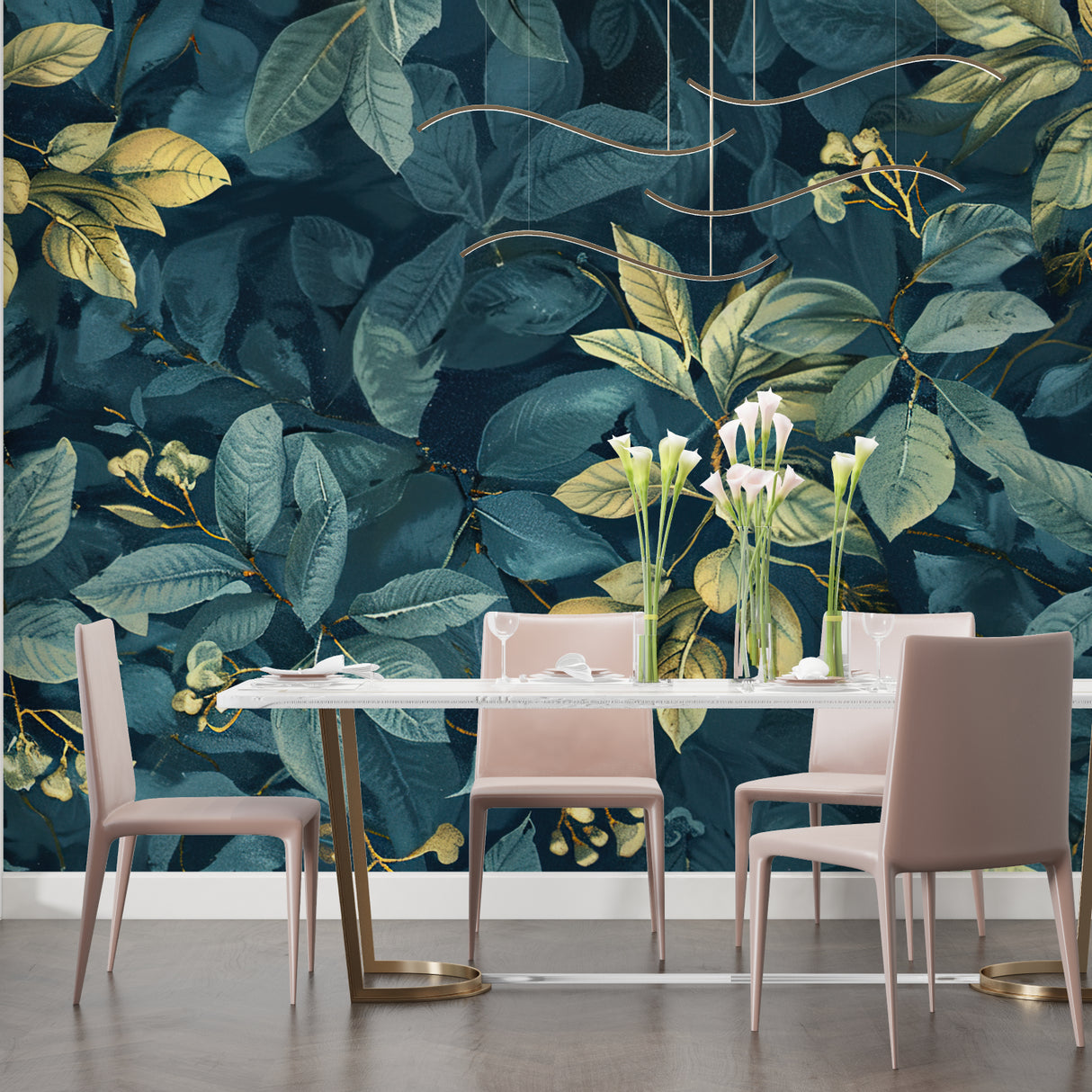 Teal and gold botanical wallpaper creating depth in dining room setting