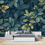 Tropical leaf mural wallpaper showcased in master bedroom with evening lighting