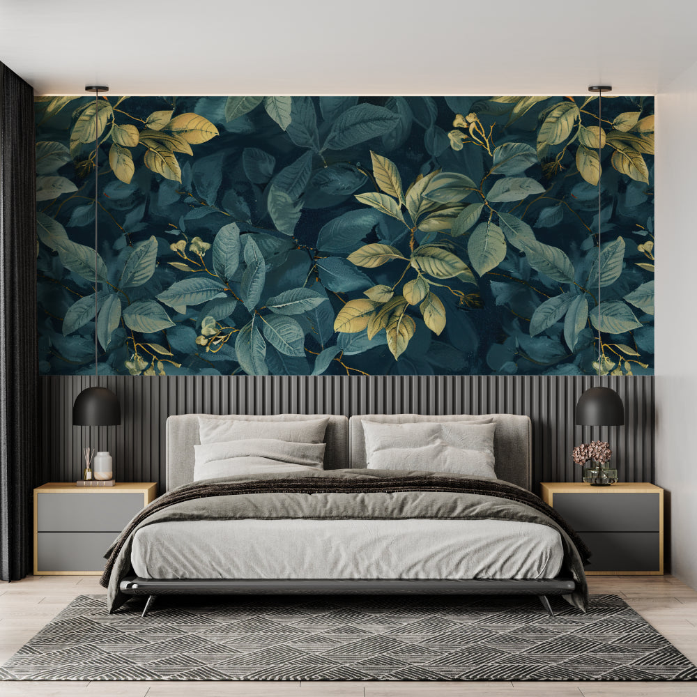 Dark teal tropical wallpaper installation in home office highlighting gold details