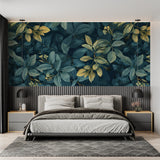 Dark teal tropical wallpaper installation in home office highlighting gold details