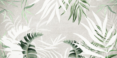 Design file showing detailed tropical monstera and palm leaf pattern on grey background