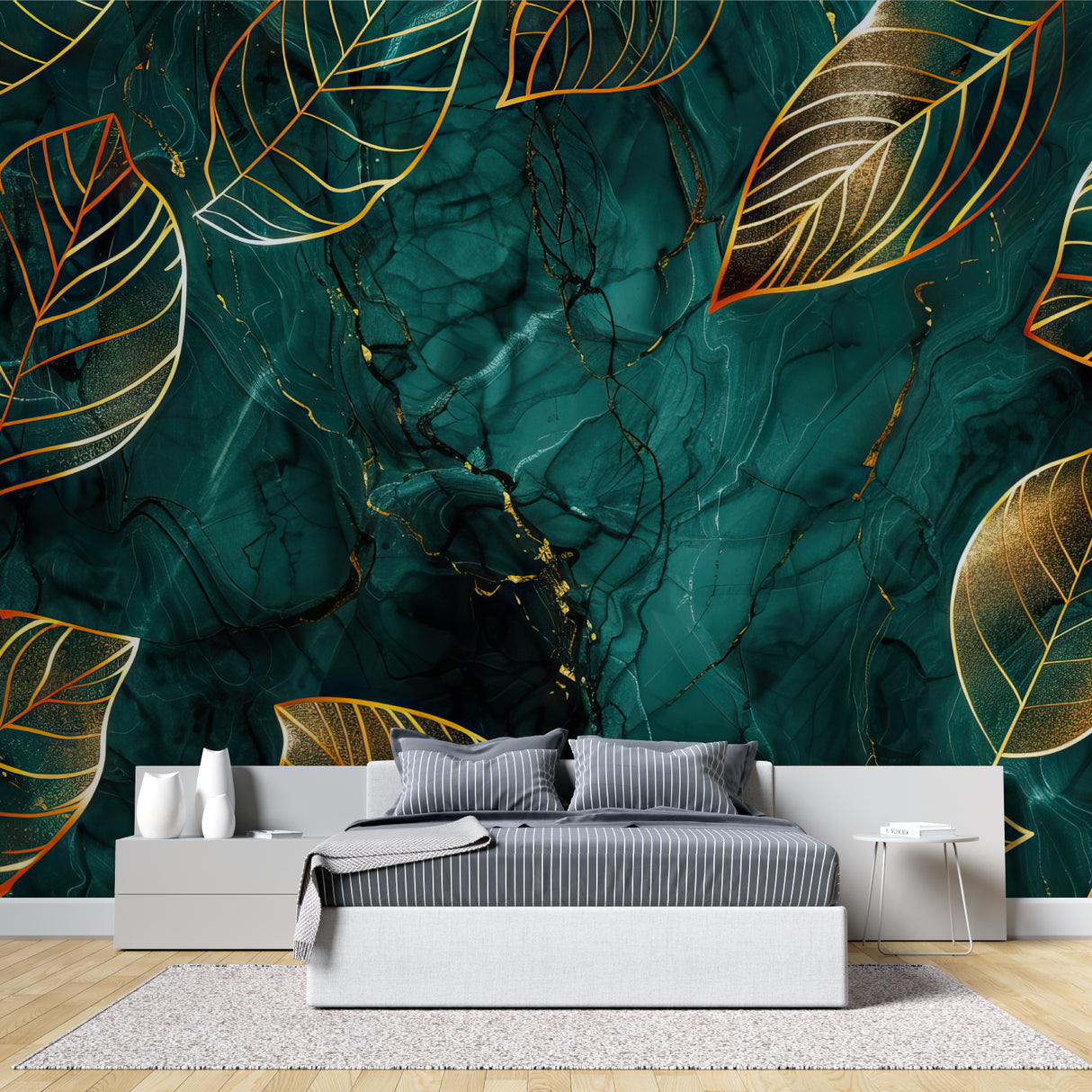 Home office featuring tropical green and gold leaf wallpaper for a fresh workspace