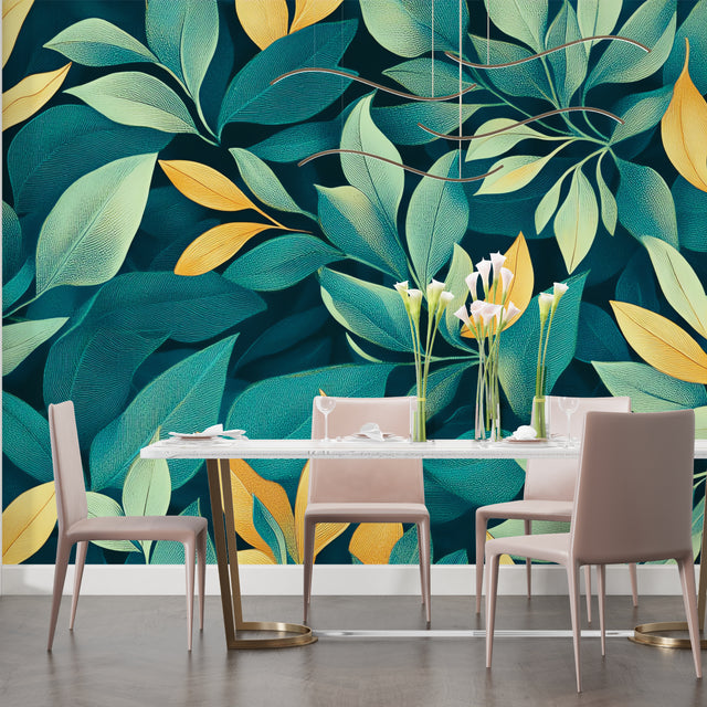 Tropical leaf wallpaper creating a stunning accent wall in modern living room with gold and green tones