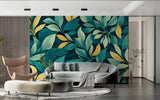 Botanical wallpaper in dining room showing lush green foliage pattern with gold details