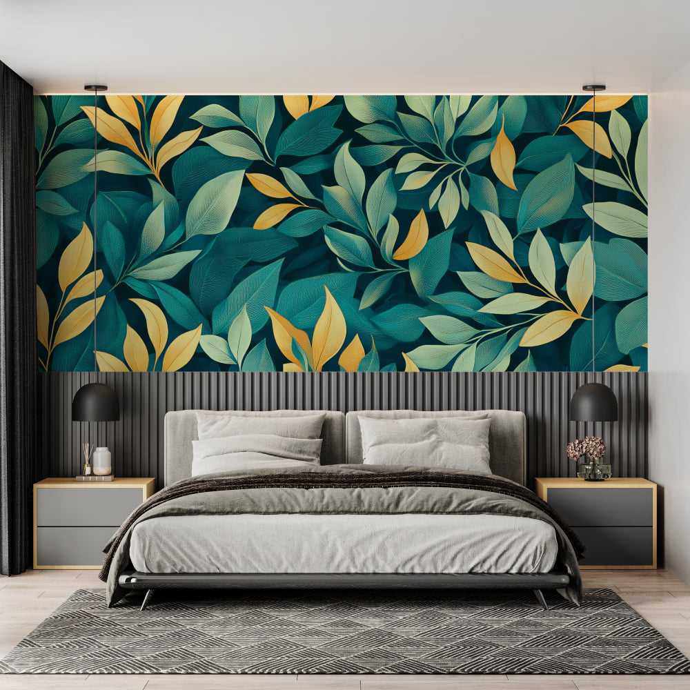 Luxury foliage wallpaper in bedroom creating peaceful tropical atmosphere