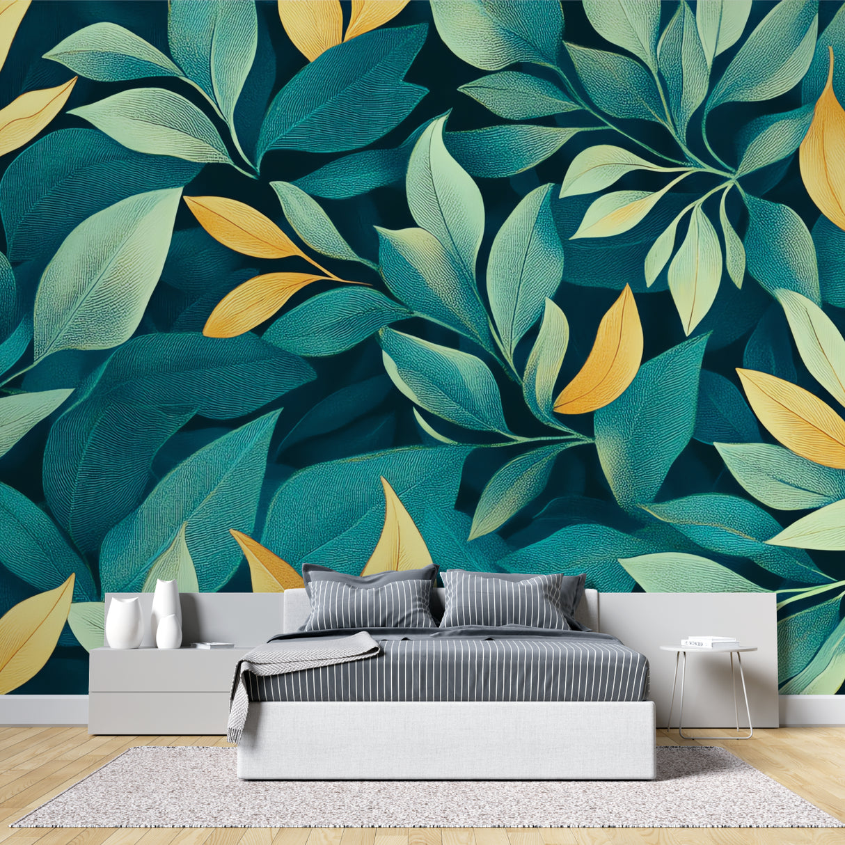 Modern botanical mural enhancing boutique entrance with elegant leaf design