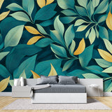 Modern botanical mural enhancing boutique entrance with elegant leaf design