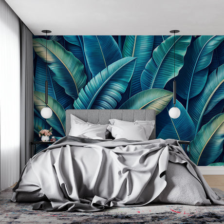 Tropical leaf wallpaper creating a stunning focal point in a modern living room with white furniture