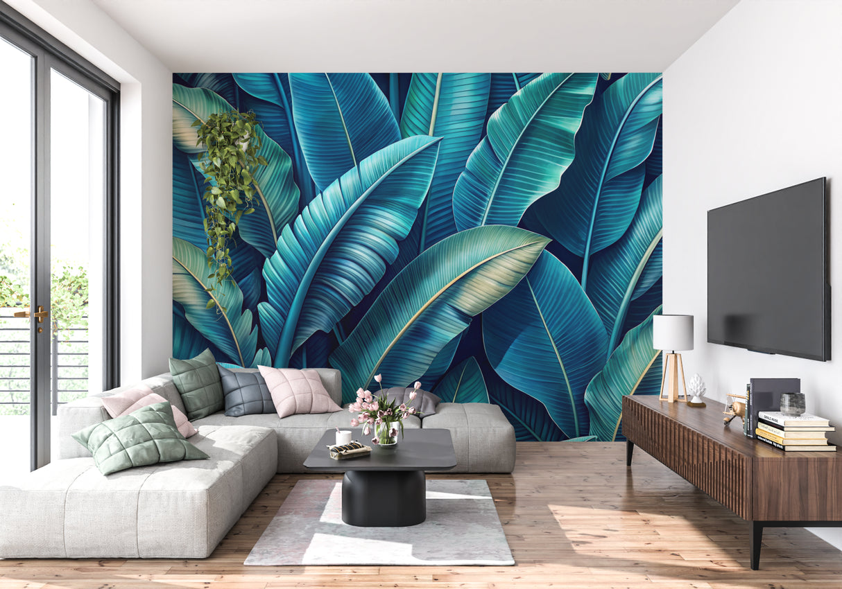 Botanical wall mural adding depth to a home office space