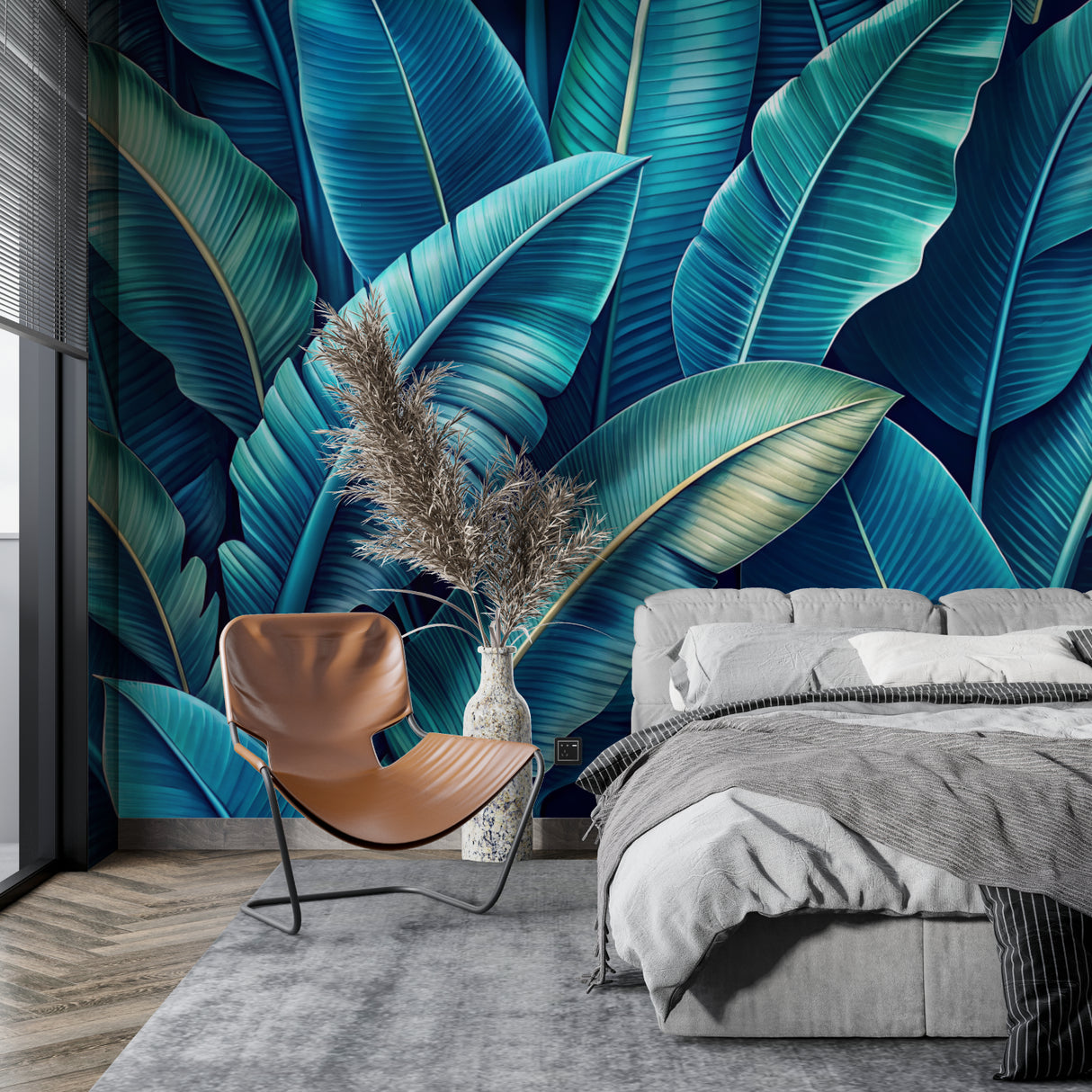 Large palm leaf pattern transforming an entrance hallway