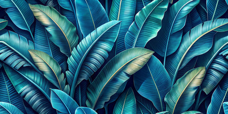 Design file showing detailed tropical palm leaves pattern in rich blue-green tones