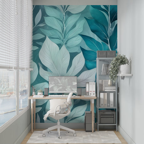 Tropical leaf wallpaper creating a calm sanctuary in a modern living room with turquoise and mint accents