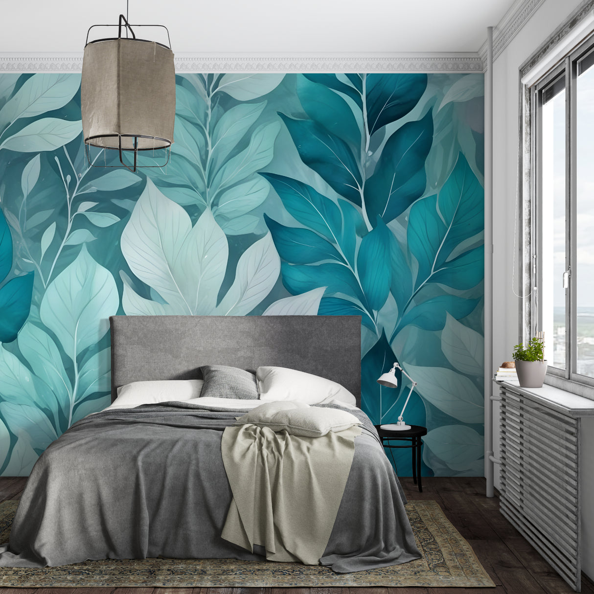 Botanical leaves mural brightening a home office with fresh mint and turquoise tones