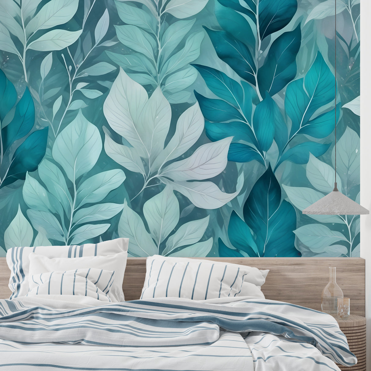 Large-scale leaf wallpaper making a bedroom feel like a peaceful tropical retreat