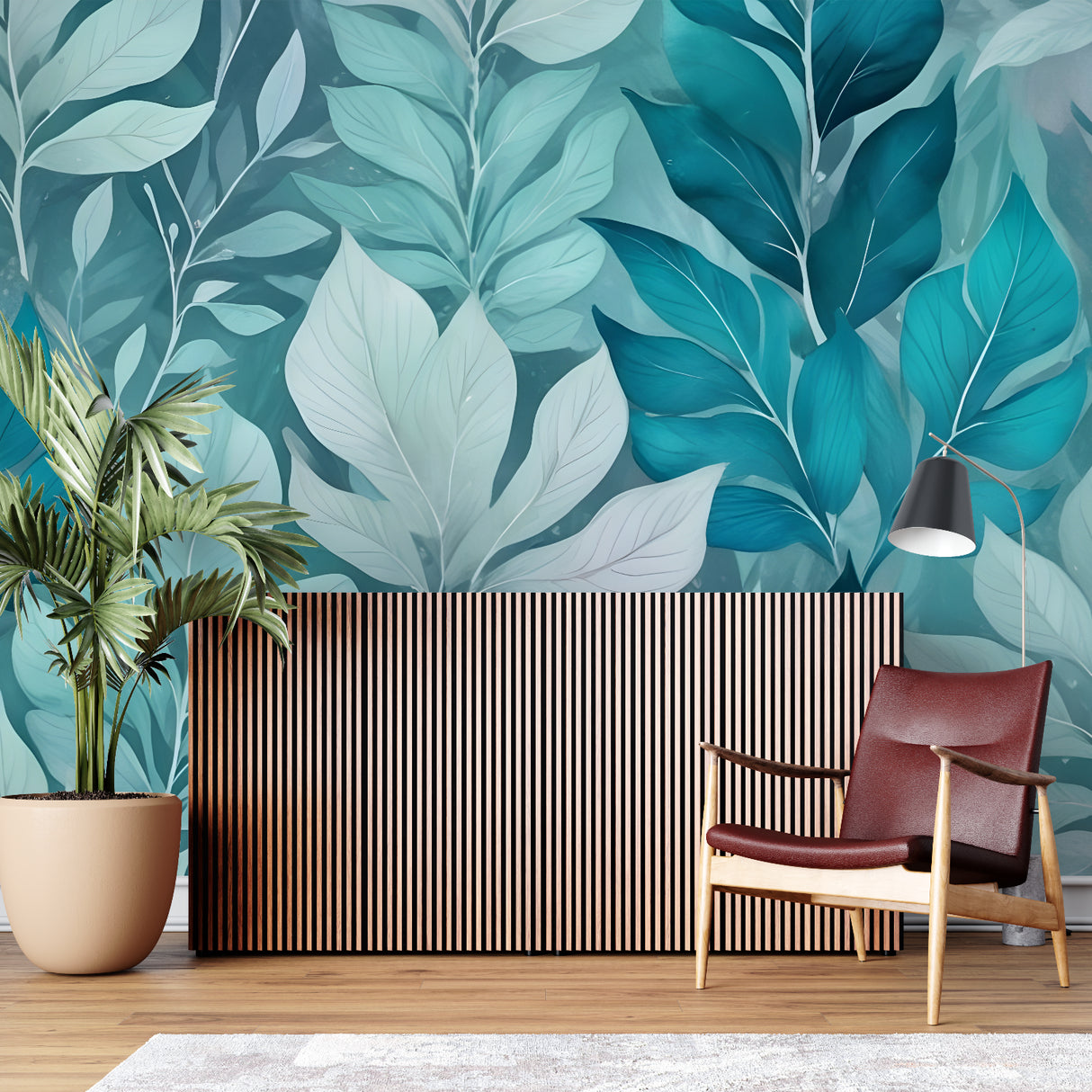 Tropical foliage wallpaper adding natural beauty to a dining room with soft mint hues