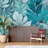 Tropical foliage wallpaper adding natural beauty to a dining room with soft mint hues