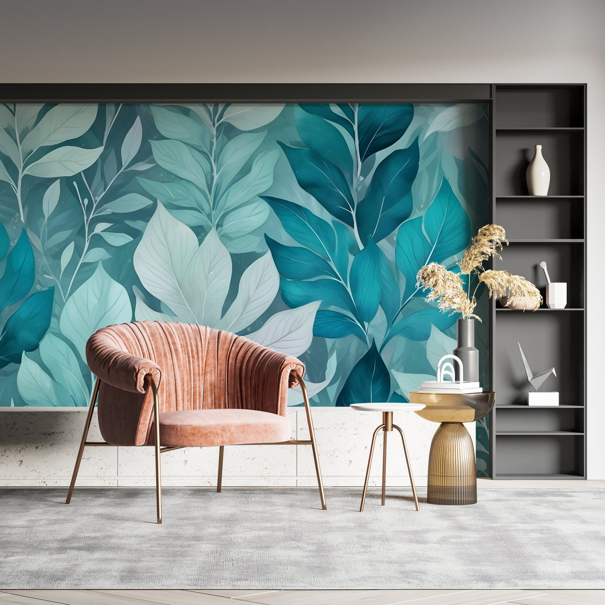Mint and turquoise leaf mural transforming an entryway into an welcoming tropical space