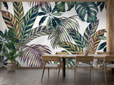 Tropical leaf wallpaper creating a fresh vibe in modern living room with white sofa