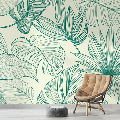 Tropical leaf line art wallpaper in a bright modern living room, bringing natural elegance to the space