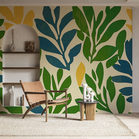 Modern botanical leaf wallpaper making a bold statement in a bright living room with mid-century furniture