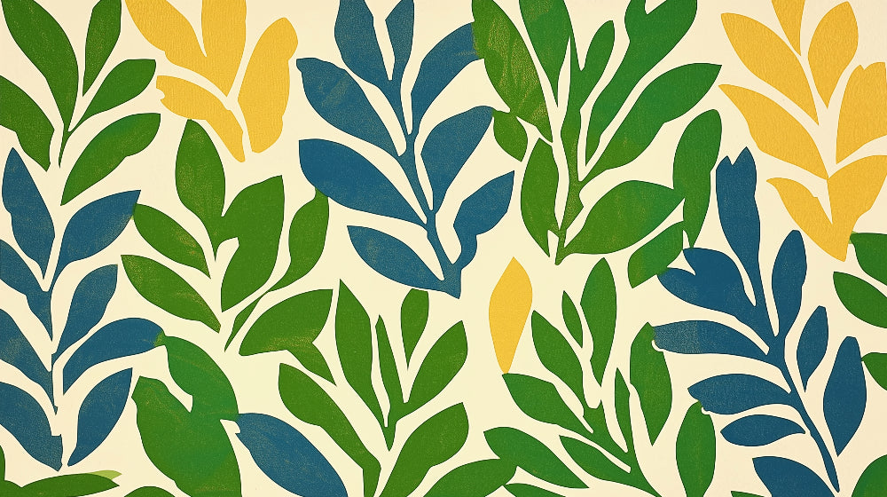 Tropical leaf wallpaper design file showing modern abstract pattern in green, teal and yellow