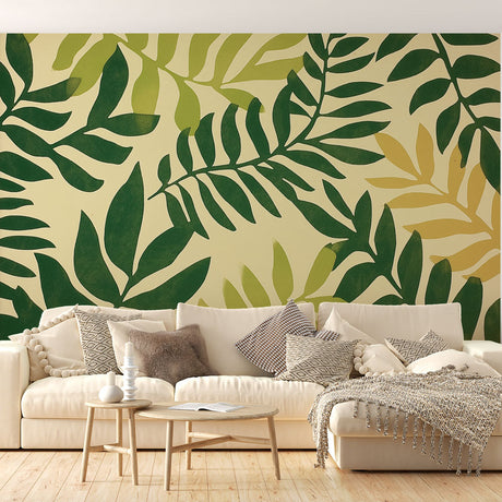 Tropical leaf wallpaper creating a fresh atmosphere in a modern living room with natural light and green accents