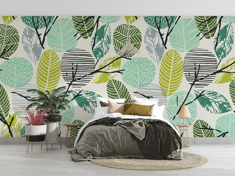 Tropical leaf wallpaper with geometric pattern brightening a modern living room with natural light