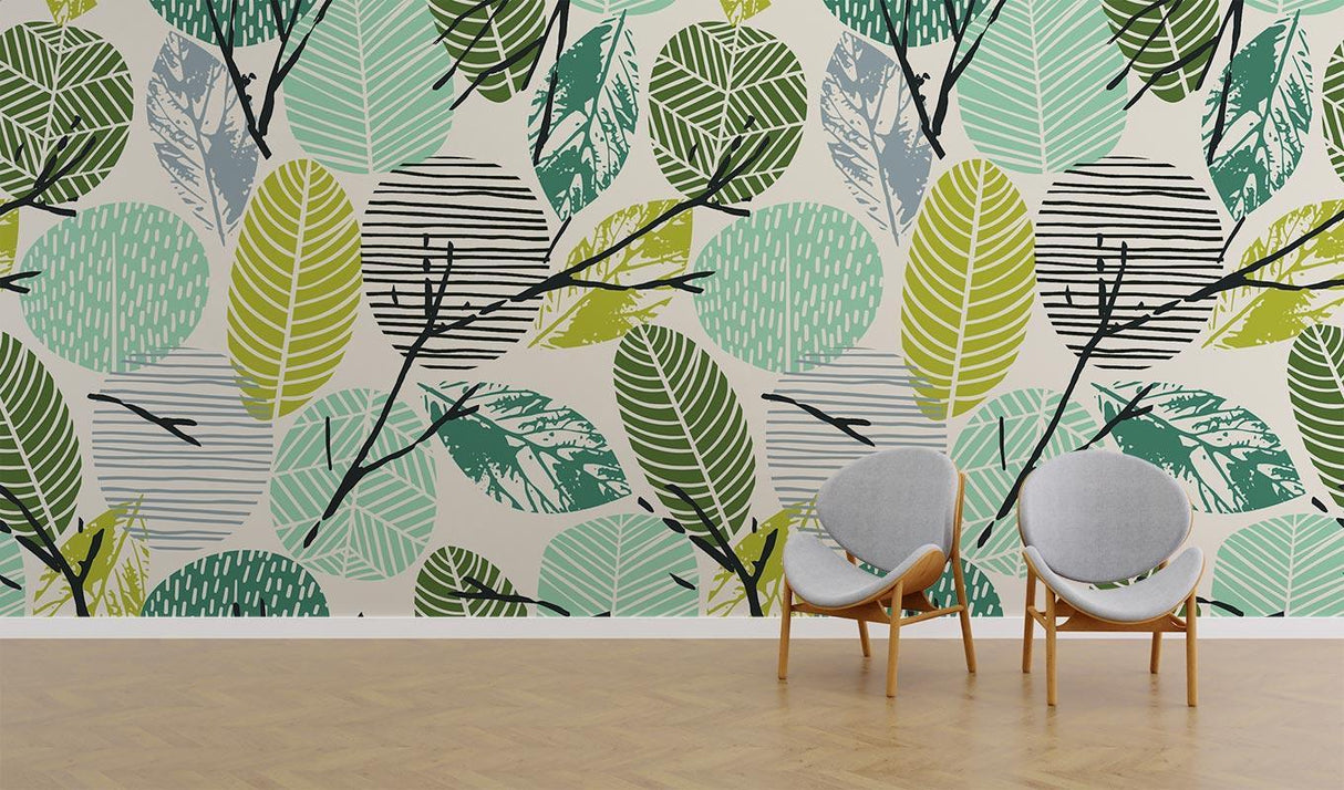 Geometric leaf pattern wallpaper creating a fresh atmosphere in a home office space