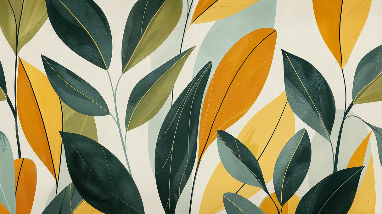 Tropical leaf wallpaper in modern living room showing green and yellow foliage pattern