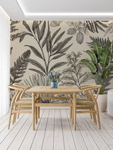 Tropical botanical line art wallpaper in a modern living room, creating an elegant focal wall with monochrome palm patterns