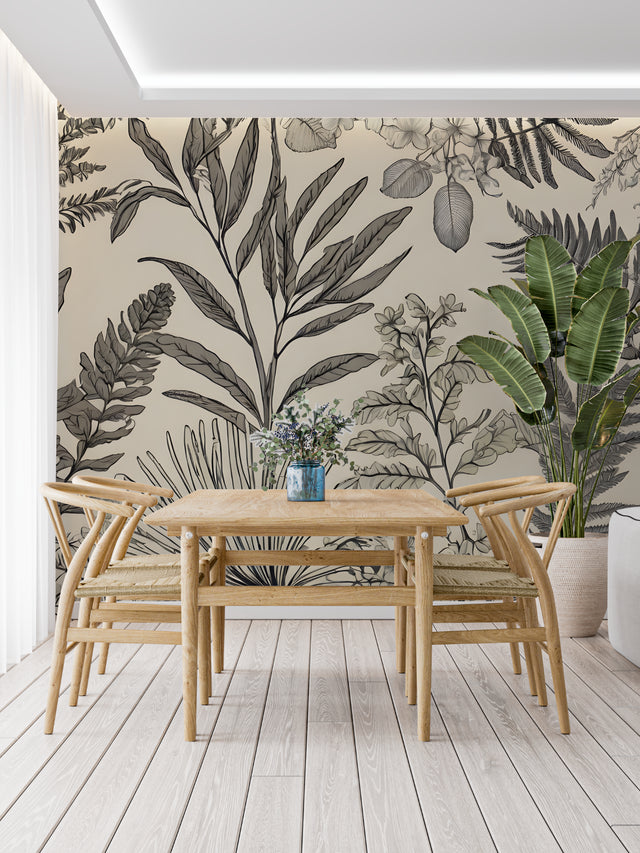 Tropical botanical line art wallpaper in a modern living room, creating an elegant focal wall with monochrome palm patterns
