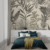 Monochrome botanical wallpaper bringing sophistication to a dining room with detailed tropical leaf designs