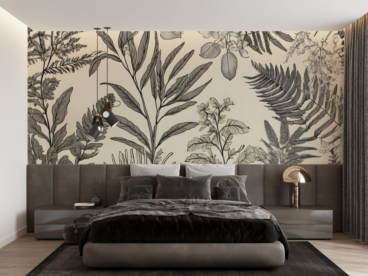 Black and white tropical leaf mural in a bedroom, showcasing delicate botanical line art
