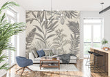 Botanical line art wallpaper adding artistic flair to a home office with elegant palm fronds