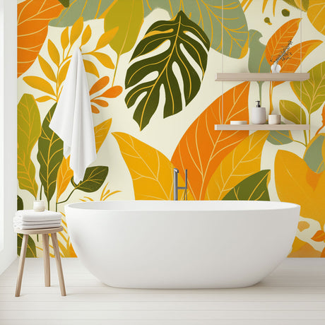 Tropical leaf wallpaper with orange and green monstera pattern brightening a modern living room with natural light