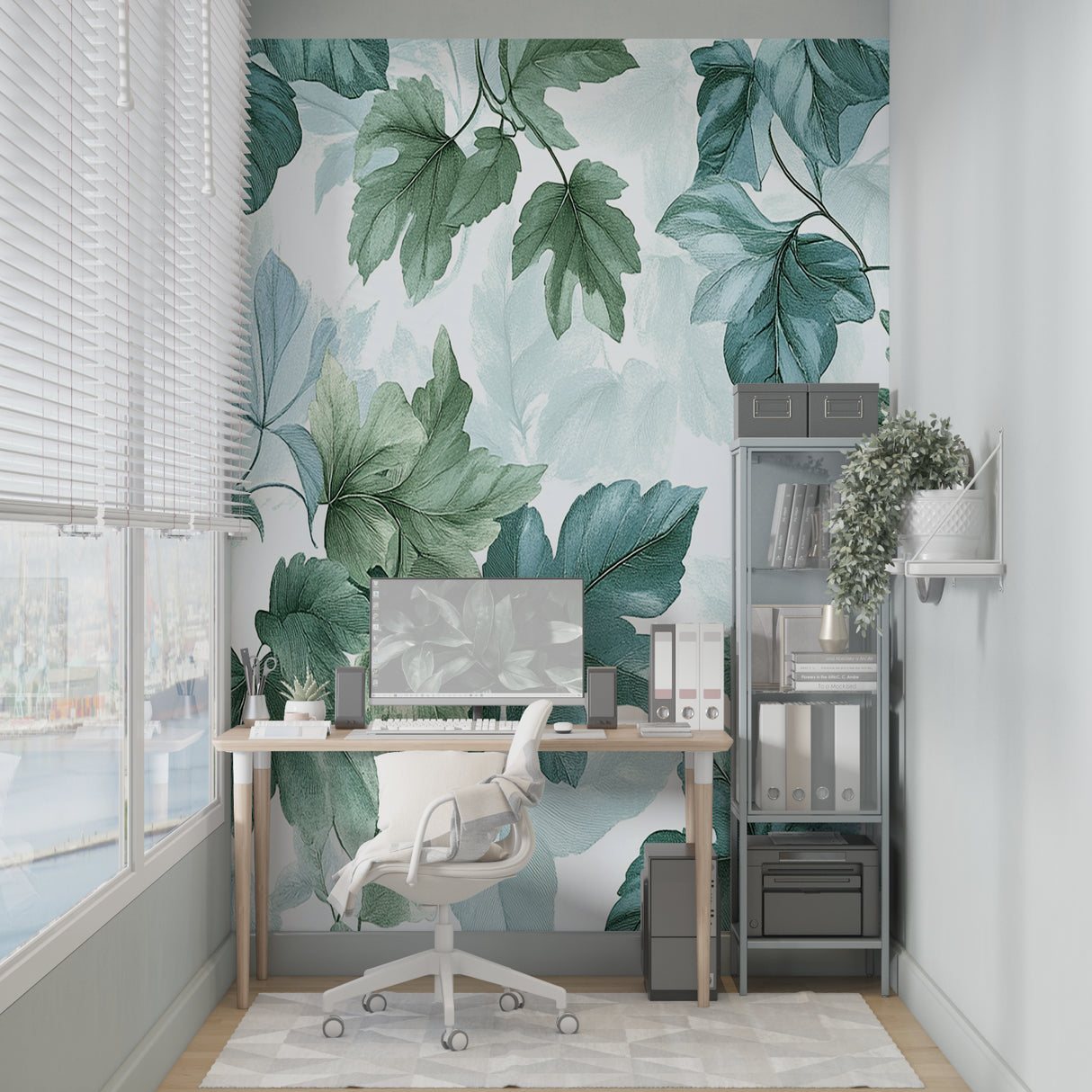 Green botanical wallpaper making a statement in a bright home office