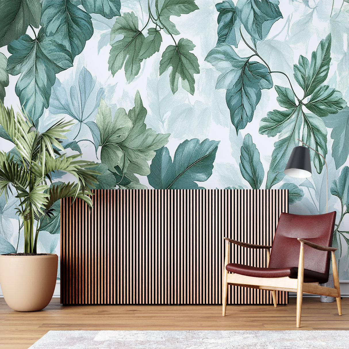 Botanical wall mural transforming a minimalist entryway with sage green leaves