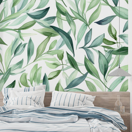 Tropical leaf wallpaper creating a calm atmosphere in a modern living room with natural light