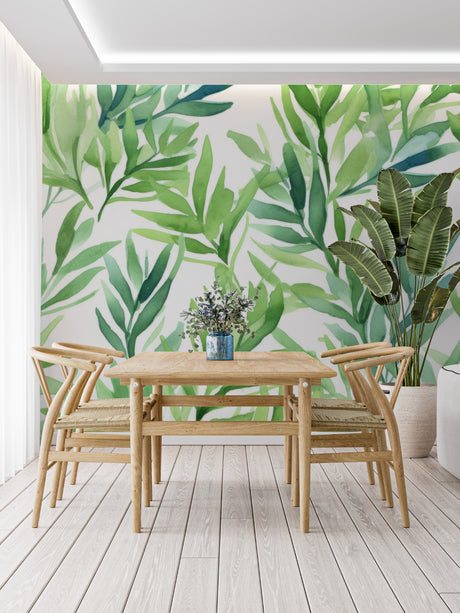 Tropical leaf wallpaper in bright modern living room with white sofa and natural decor
