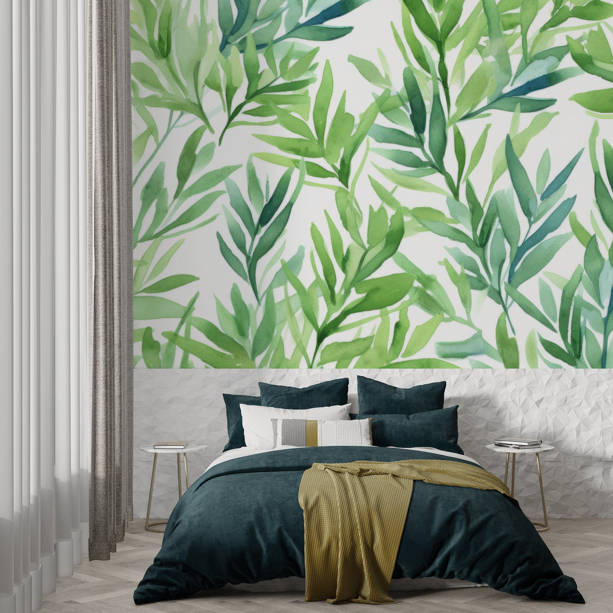 Green botanical wallpaper creating spa-like atmosphere in master bedroom