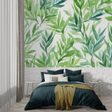 Green botanical wallpaper creating spa-like atmosphere in master bedroom