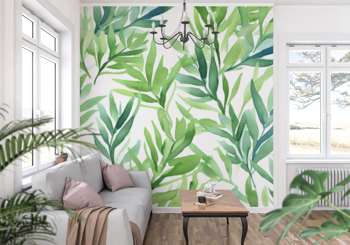 Watercolor leaf mural adding fresh feel to home office space