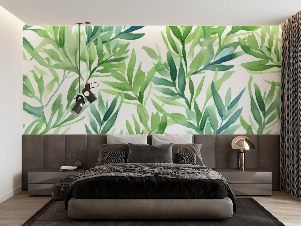 Tropical foliage wallpaper brightening dining room with natural light