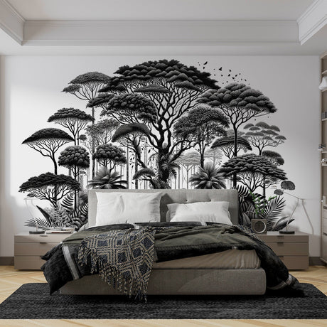 Black and white tropical forest wallpaper creating depth in modern living room with minimal furniture
