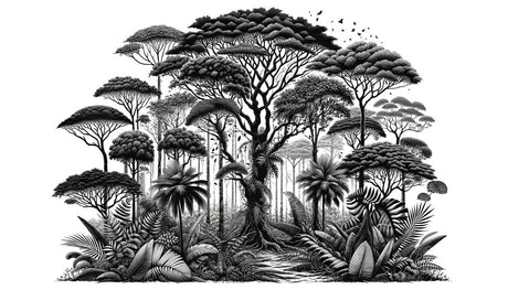 Black and white tropical forest wallpaper design file showing detailed jungle pattern